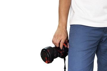 Photographer holding a camera (DSLR) isolated on white background, Sport and Travel adventure concept with copy space.With fire paint on camera body.