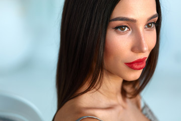 Fashion Model Girl With Beauty Face, Beautiful Makeup, Red Lips