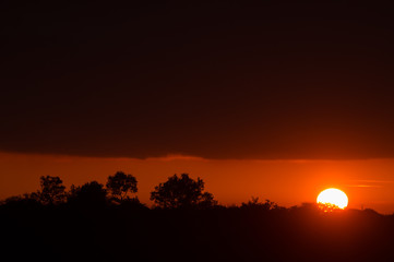 Panorama of Amazing Beautiful Sunset Sunrise Over Dark Landscape Silhouette