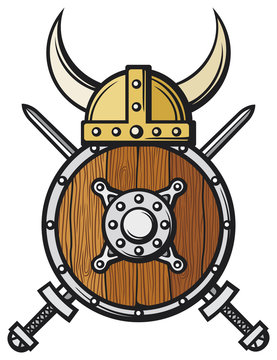viking helmet, round wooden shield, and crossed swords