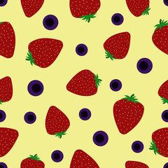 Flat background with strawberry and blueberry.Seamless pattern.