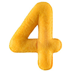 Number 4. Hand made number Four from yellow felt. Set of numbers from colorful felt isolated on...