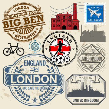 Travel stamps or symbols set, England and United Kingdom