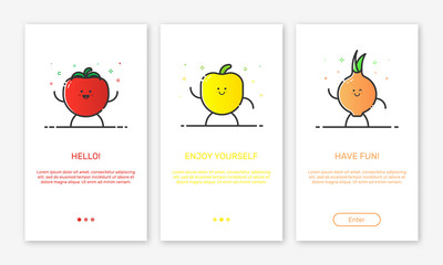 Vector Illustration of onboarding app screens and outline web vegetables icons for mobile apps . Modern red interface UX, UI GUI screen template for mobile smart phone or responsive web site.