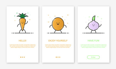 Vector Illustration of onboarding app screens and outline web vegetables icons for mobile apps . Modern red interface UX, UI GUI screen template for mobile smart phone or responsive web site.
