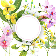 Floral watercolor greeting card with circle text box. 