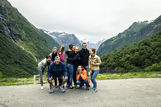 Group of young people is travelling around the Norway