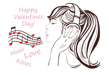 Happy Valentine Day, pretty girl with dark long hair in headphones singing and listen to romantic music. Notes with hearts, copy space. Vector hand-drawn illustration.