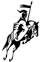 knight riding horse -  black and white vector design