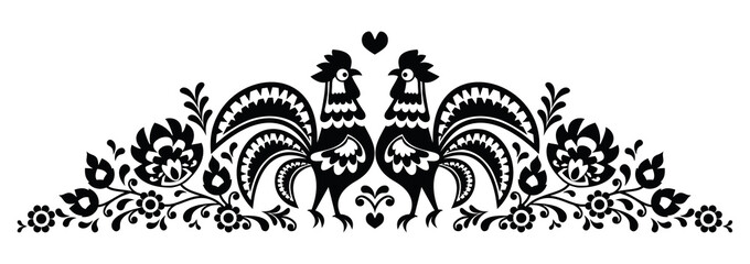 Polish floral folk art long embroidery pattern with roosters - Wzory Lowickie
