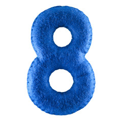 Number 8. Hand made number Eight from blue felt. Set of numbers from colorful felt isolated on...