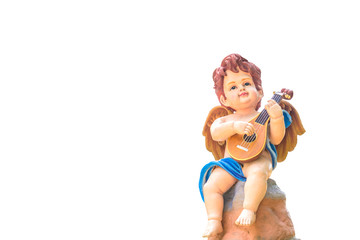 the cute cupid statue with music instrument isolated background