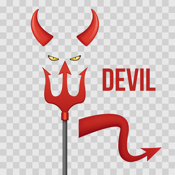 Devil Horns, Trident, Eyes And Tail Isolated On Transparent Checkered Background. Vector Illustration.