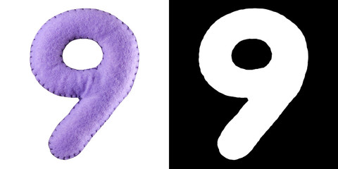 Number 9. Hand made number Nine from bright purple felt. Set of numbers from colorful felt isolated...