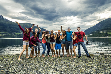 Group of young people is travelling around the Norway - 127418416