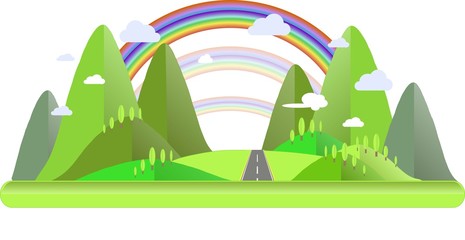 Mountain landscape with green hills, trees, grey road, rainbow, blue and white clouds, flat design vector illustration