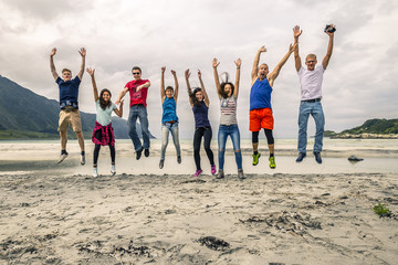 Obraz premium Group of young people is travelling around the Norway