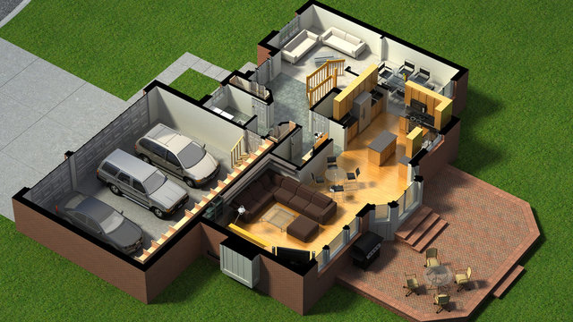 3D illustration of a furnished residential house isometric, with the first-floor plan, showing the living room, dining room, foyer, terrace and garage.