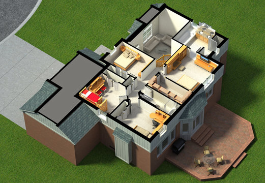3D illustration of a furnished residential house, with the second floor, showing the staircase, bedrooms, bathrooms and walk-in closets and storage.