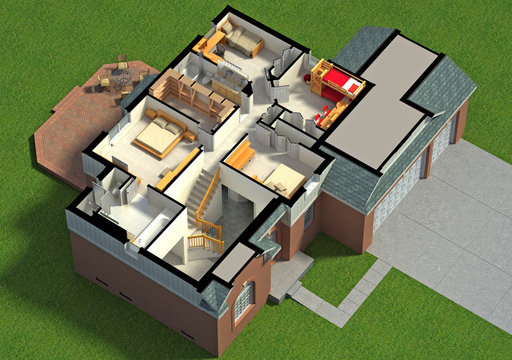 3D illustration of a furnished residential house, with the second floor, showing the staircase, bedrooms, bathrooms and walk-in closets and storage.
