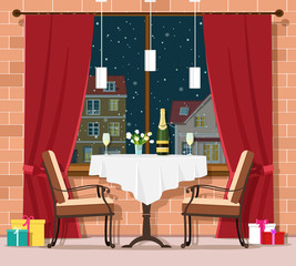 Romantic winter evening concept. Stylish vintage restaurant table with chairs. Christmas and New Year celebration in restaurant interior. Vector illustration.