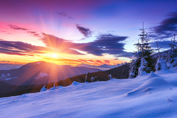 Majestic sunrise in the  winter mountains. Dramatic morning sky. View of snow-covered  trees and  hills at distance.