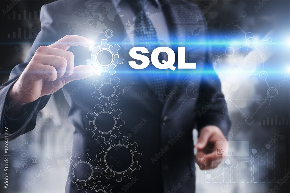 Poster businessman selecting sql on virtual screen.