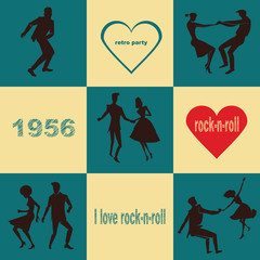 set of illustrations silhouettes dancing rock 'n' roll couples in retro styles
