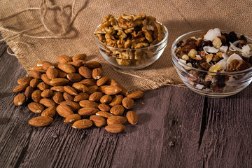 Nuts on wooden background