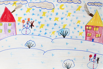Naklejka premium Children's drawing of houses standing on the snowy hills and snowfall