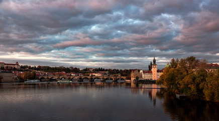 Autumn evening at the Charles bridge. Czech Republic. Prague.