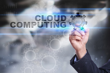 Businessman is drawing on virtual screen. cloud computing concept