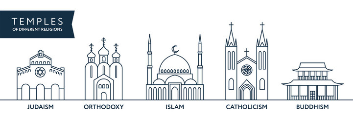 Temples of world different religions. Infographics. Religious buildings - obrazy, fototapety, plakaty