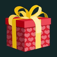 Vector Gift Box. Red Present Box with Pink Hearts and Gold Ribbon on Dark Background.