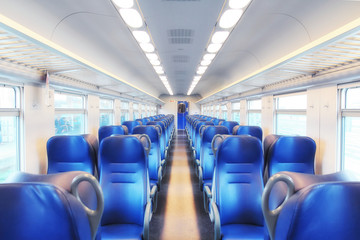 Empty railway carriage. Interior of an Italian railway carriage. No people.