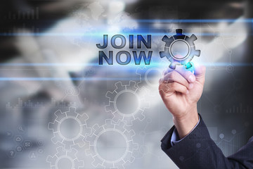 Businessman is drawing on virtual screen. join now concept