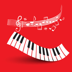 Piano Keyboard with Staff on Red Background. Vector Illustration.