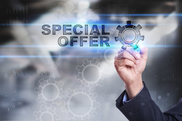Businessman is drawing on virtual screen. special offer concept