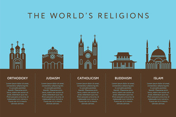 Temples of world different religions. Infographics. Religious buildings. Travel and landmarks. Template - 127423083