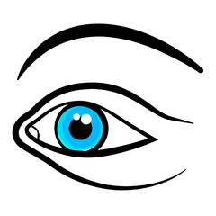 Eye Icon. Vector Blue Eye with Black Outline Isolated on White Background.