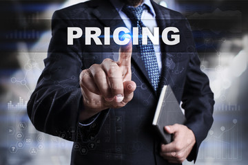 Businessman is pressing button on touch screen interface and selecting pricing.