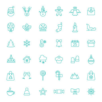 christmas xmas new year winter celebration decoration symbol vector outline thin line blue on white background icons set