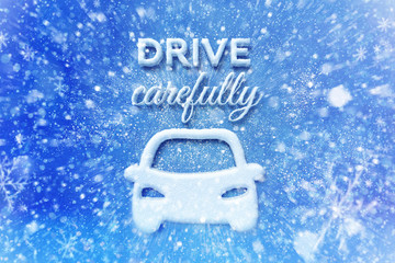Drive carefully with car symbol, snow automotive graphic background, driving winter background - 127425287