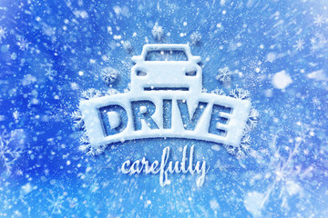 Drive carefully with car symbol, snow automotive graphic background, driving winter background - 127425839