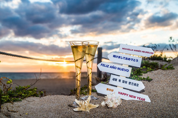 Champagne glasses and Happy New Year sign/Champagne glasses and international happy new year sign in French, Japanese, Spanish, Korean, Chinese and English with beautiful sunrise.