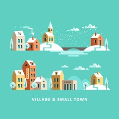 Village. Small town. Rural and urban winter landscape. Vector flat illustration.