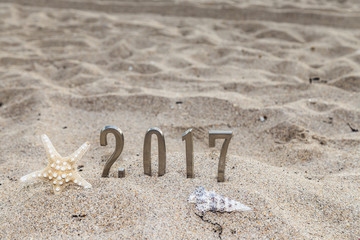 happy year 2017/2017 year metal sign and shellfish on sandy beach in Florida.