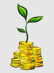 Golden coins stacks with money tree. Retro style vector illustration.