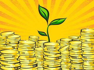Golden money stacks and wealth tree sprout. Retro vector illustration of the shining gold coins and little green plant. Investment or business success concept. Pop art treasure image.