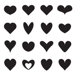 Heart symbol shapes. Set of sixteen different symmetrical templates of heart symbols for icons, web buttons, patterns, Valentines, etc. Vector illustration